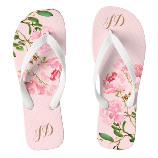 Pink Girly Floral Monogram Watercolor Peony Blume Badesandalen (Fußbett)