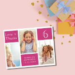 Pink Girly Foto Collage Geburtstags Liebe Dank Dankeskarte<br><div class="desc">Dieses trendige Foto Collage Design hat Platz für drei Fotografien. Sie können den Namen der Person,  die ihren Geburtstag feiert,  sowie ihr Alter und ihr Geburtstag hinzufügen. Auf der Rückseite kann die kurze Nachricht geändert werden,  wenn Sie möchten.</div>