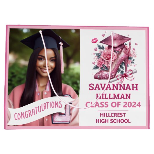 Pink Girly Foto Custom Luxury Abschluss Große Geschenktüte (Rückseite)