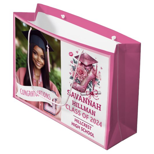 Pink Girly Foto Custom Luxury Abschluss Große Geschenktüte (Vorderseite Schrägansicht)