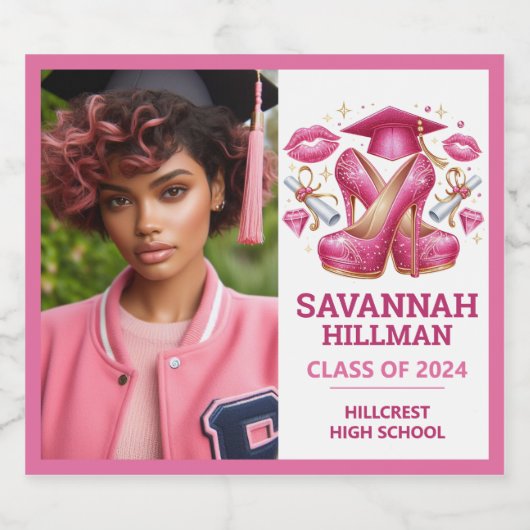 Pink Girly Foto Custom Luxury Abschluss Schaumweinetikett (Einzelnes Label)