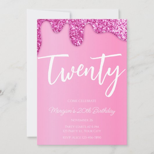 Pink Girly Glitzer 20. Geburtstagsparty Einladung (Vorderseite)
