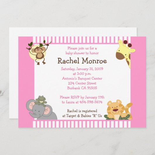 Pink Girly Jungle Safari Freunde 12x18 Baby Dusche Einladung (Vorne/Hinten)