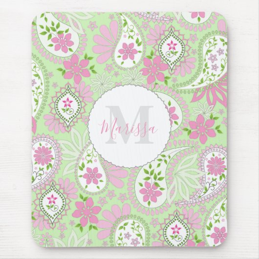 Pink Girly Niedlich Chic Preppy Paisley Monogram Mousepad (Vorne)