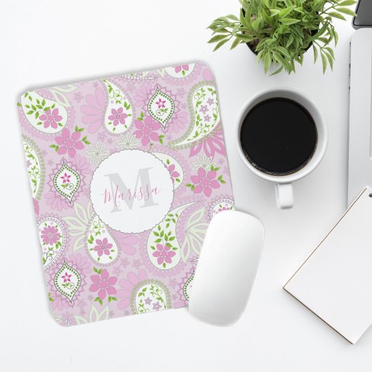 Pink Girly Niedlich Chic Preppy Paisley Monogram Mousepad