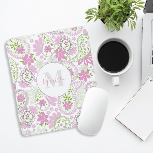 Pink Girly Niedlich Chic Preppy Paisley Monogram Mousepad