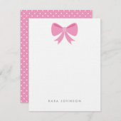 Pink Girly Polka Dot Bow Monogram Stationierung Mitteilungskarte (Vorne/Hinten)