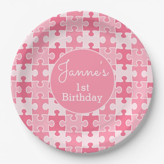 Pink Girly Puzzle Pieces Pappteller (Vorderseite)
