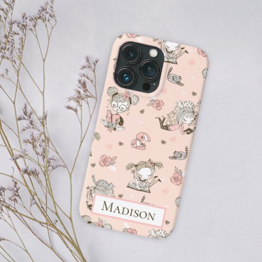 Pink Girly Reading Cat Floral Fun Niedlich Case-Mate iPhone Hülle
