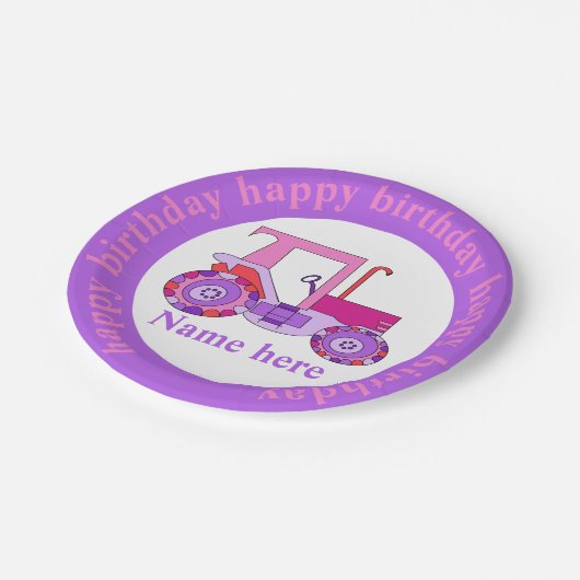 Pink Girly Tractor Happy Birthday Pappteller (Schrägansicht)