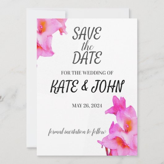 Pink Gladiolus Blume Wasserfarbe Save The Date (Vorderseite)