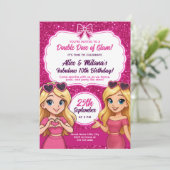 Pink Glam Birthday Einladung Twin Girls Sparkle (Stehend Vorderseite)