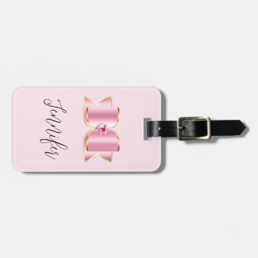 Pink Glam Bow mit Center Gemstone Gepäckanhänger (Vorderseite horizontal)
