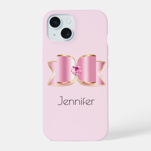 Pink Glam Bow mit Center Gemstone iPhone 15 Hülle (Rückseite)