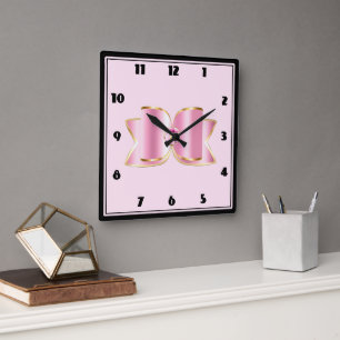 Pink Glam Bow mit Center Gemstone Quadratische Wanduhr