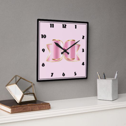 Pink Glam Bow mit Center Gemstone Quadratische Wanduhr (Büro)