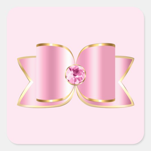 Pink Glam Bow mit Center Gemstone Quadratischer Aufkleber (Vorderseite)