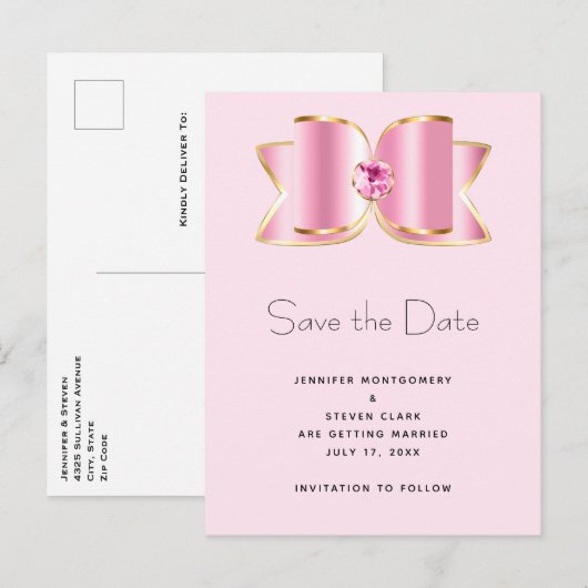 Pink Glam Bow mit Center Gemstone Save the Date Einladungspostkarte (Vorne/Hinten)