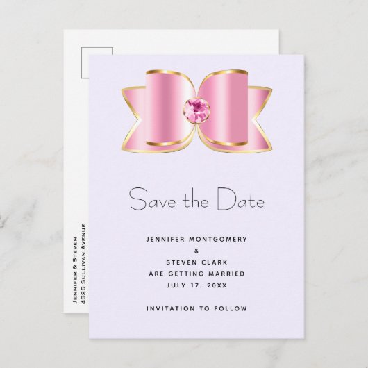 Pink Glam Bow mit Center Gemstone Save the Date Einladungspostkarte (Vorne/Hinten)