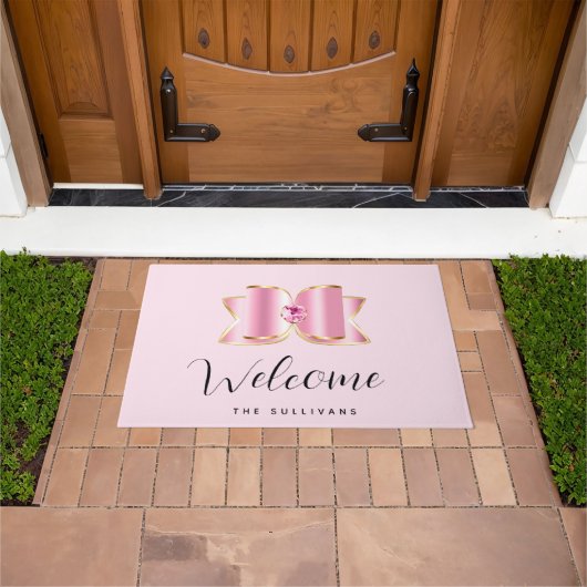 Pink Glam Bow mit Center Gemstone Willkommen Fußmatte (Außenbereich)
