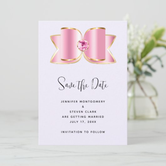 Pink Glam Bow mit einer Mittelsteinzeitung Save The Date (Stehend Vorderseite)
