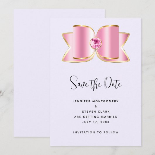 Pink Glam Bow mit einer Mittelsteinzeitung Save The Date (Vorne/Hinten)