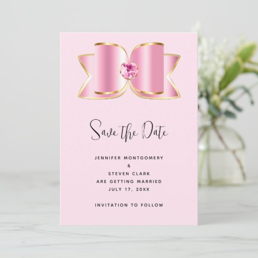 Pink Glam Bow mit einer Mittelsteinzeitung Save The Date (Stehend Vorderseite)