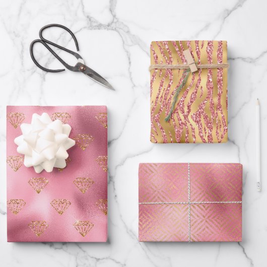 Pink Glam Gold Diamonds Geschenkpapier Set (Vorderseite)