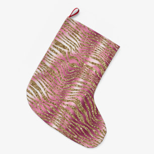 Pink Glam Gold Glitzer Zebra Print Großer Weihnachtsstrumpf