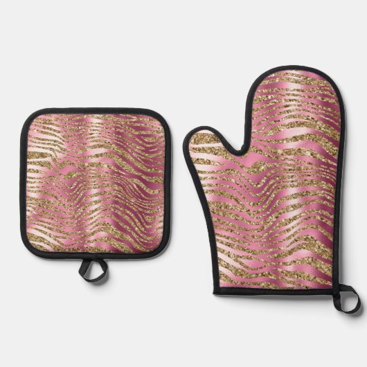 Pink Glam Gold Glitzer Zebra Print Ofenhandschuh & Topflappen-Set (Vorderseite)