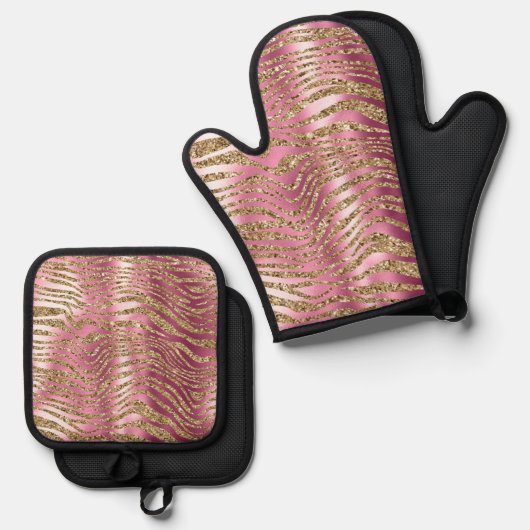 Pink Glam Gold Glitzer Zebra Print Ofenhandschuh & Topflappen-Set (Vorderseite/Rückseite)