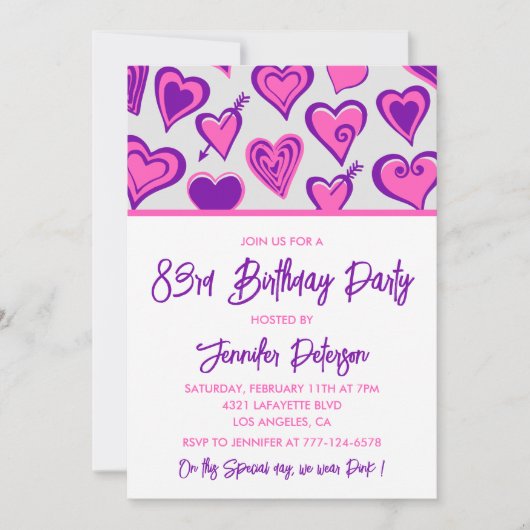 Pink Glam Herzdesign Pattern 83. Geburtstag Einlad Einladung (Vorderseite)