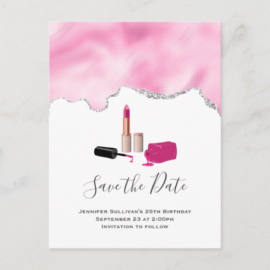Pink Glam Lipstick mit Nail Polnisch Save the Date Einladungspostkarte (Vorderseite)