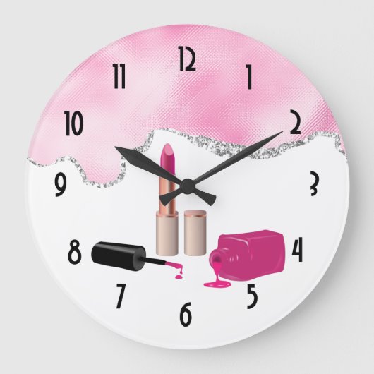Pink Glam Lipstick & Nail Polnische Schönheit Them Große Wanduhr (Vorderseite)