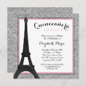 Pink Glam Paris Imitate Silver Glitzer Quinceanera Einladung (Vorne/Hinten)