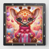 Pink Glasses Giraffe Valentine Quadratische Wanduhr (Vorderseite)
