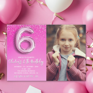 Pink Glitter 6th Birthday for Girl with Photo Einladung