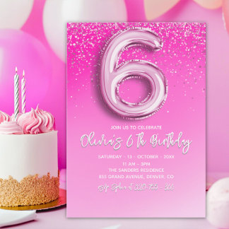 Pink Glitter Ballon Numer - 6th Birthday for Girls Einladung