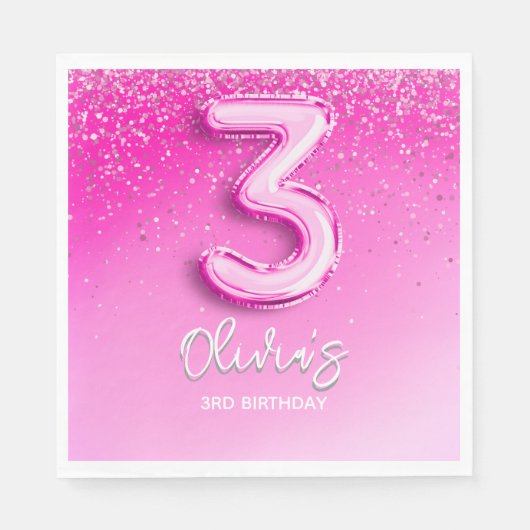 Pink Glitter Balloon 3rd Birthday Party for Girls Serviette (Vorderseite)