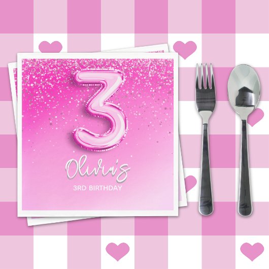 Pink Glitter Balloon 3rd Birthday Party for Girls Serviette