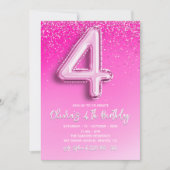Pink Glitter Balloon 4th Birthday for Girls Einladung (Vorderseite)