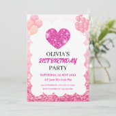 Pink Glitter & Balloons Birthday Party Einladung (Stehend Vorderseite)