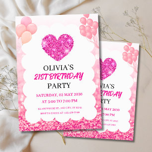 Pink Glitter & Balloons Geburtstagsfeier Einladung