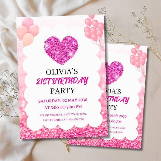 Pink Glitter & Balloons Geburtstagsfeier  Einladung