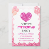 Pink Glitter & Balloons Geburtstagsfeier  Einladung (Vorderseite)