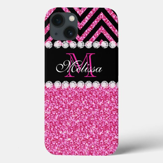 Pink Glitter Black Chevron Monogram Case-Mate iPhone Hülle (Rückseite)