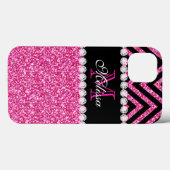 Pink Glitter Black Chevron Monogram Case-Mate iPhone Hülle (Rückseite (Horizontal))