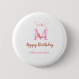 Pink glitter bow add name letter monogram birthday button