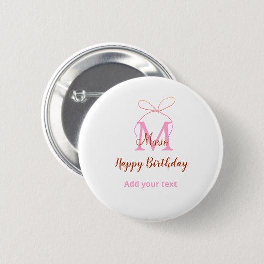 Pink glitter bow add name letter monogram birthday button (Vorne & Hinten)