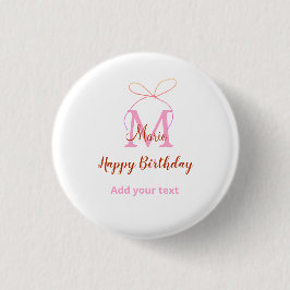 Pink glitter bow add name letter monogram birthday button